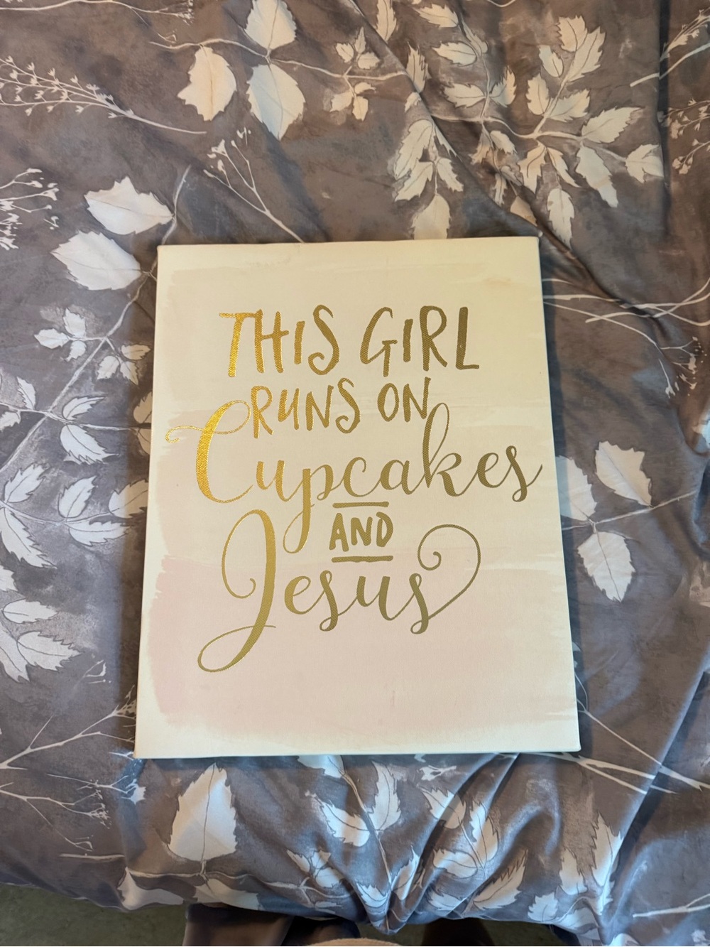 Gold Lettered 'This Girl Runs on Cupcakes and Jesus' Wall Art - Cream